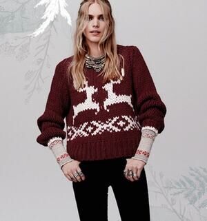 Free People Dancer and Prancer Reindeer Sweater Fair Isle Chunky Knit Xmas Red